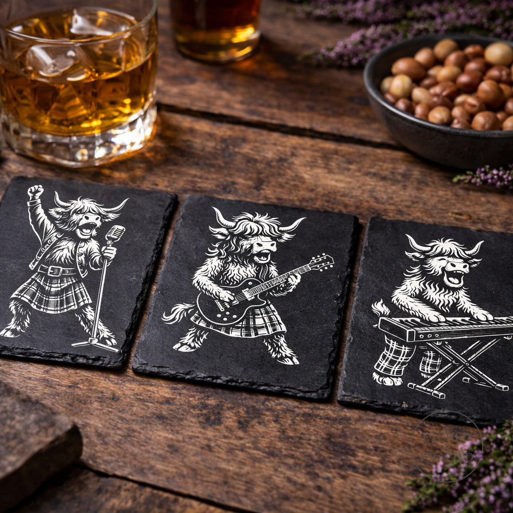 Rock Highland Cow Slate Coaster – Lachlan the Lead Singer
