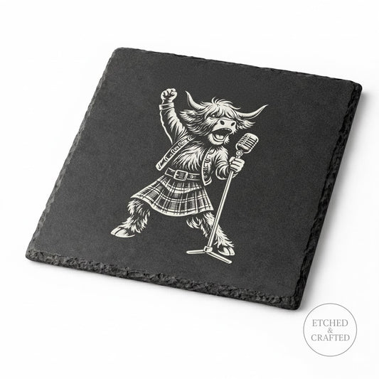 Rock Highland Cow Slate Coaster – Lachlan the Lead Singer
