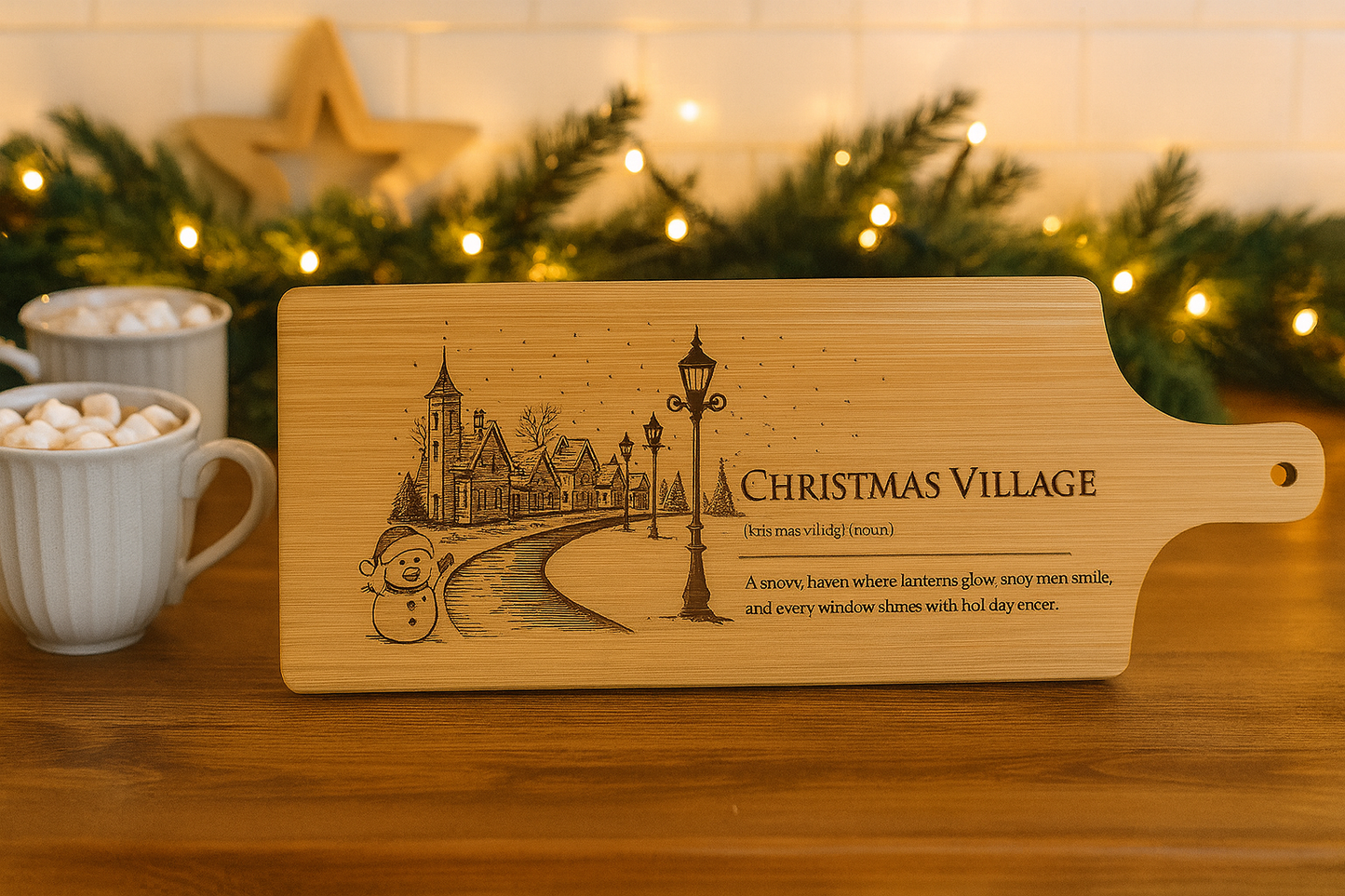 Christmas Village – Engraved Bamboo Serving Board