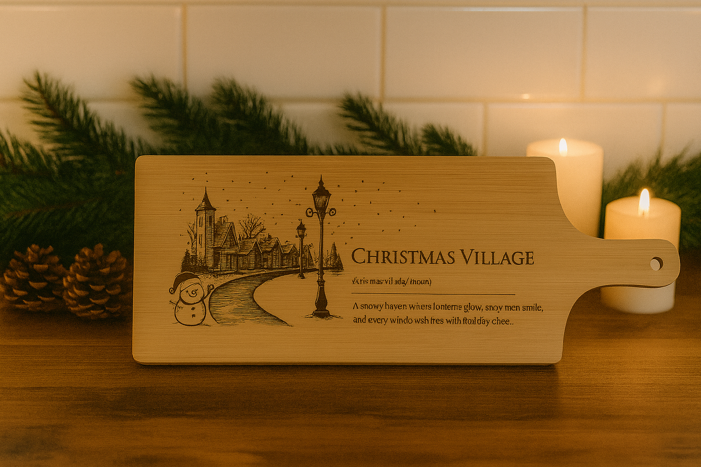 Christmas Village – Engraved Bamboo Serving Board