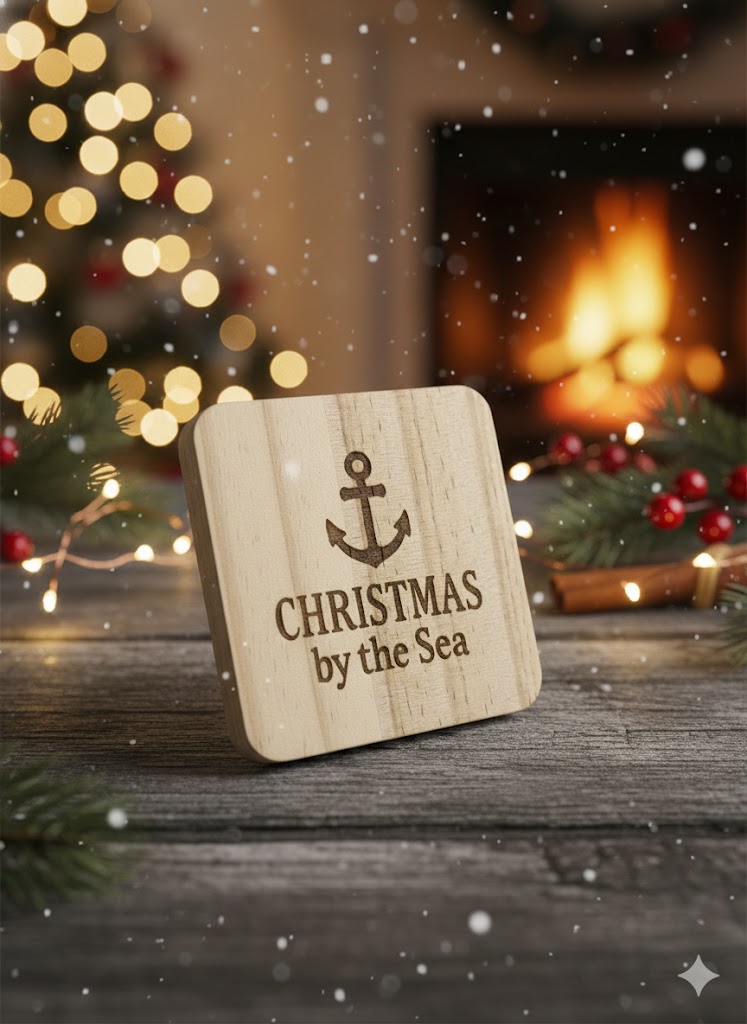 Christmas By The Sea – Anchor Engraved Pine Coaster (7mm Premium)