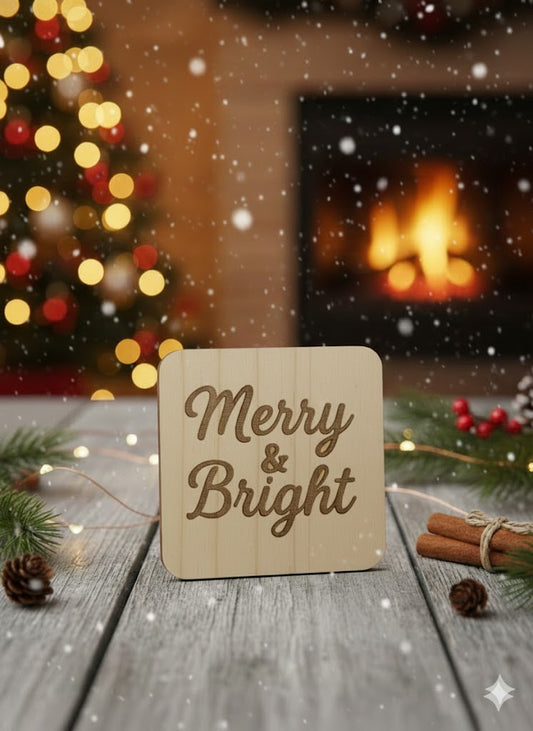 Merry & Bright – Engraved Pine Coaster (7mm Premium)