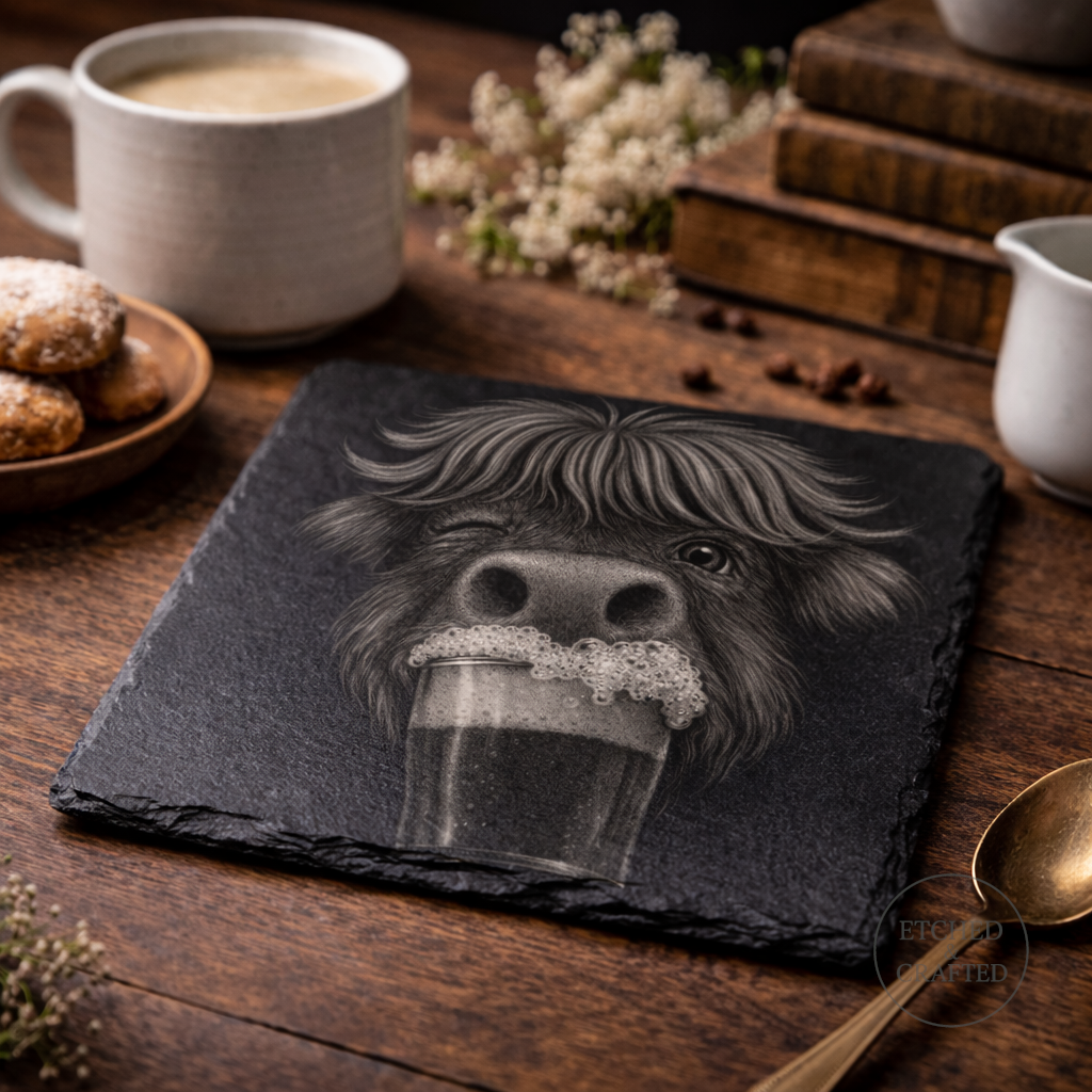 Highland Cow Beer Slate Coaster – Cheeky Cow Collection