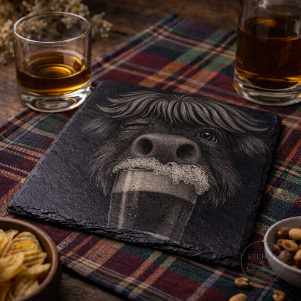 Highland Cow Beer Slate Coaster – Cheeky Cow Collection