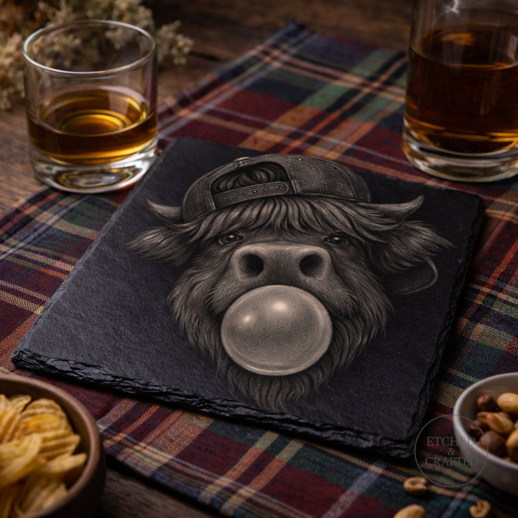 Bubblegum Highland Cow Slate Coaster – Cheeky Cow Collection