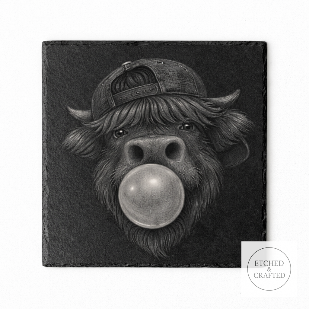 Bubblegum Highland Cow Slate Coaster – Cheeky Cow Collection