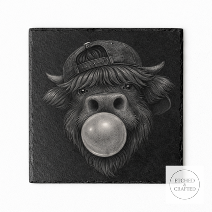 Bubblegum Highland Cow Slate Coaster – Cheeky Cow Collection