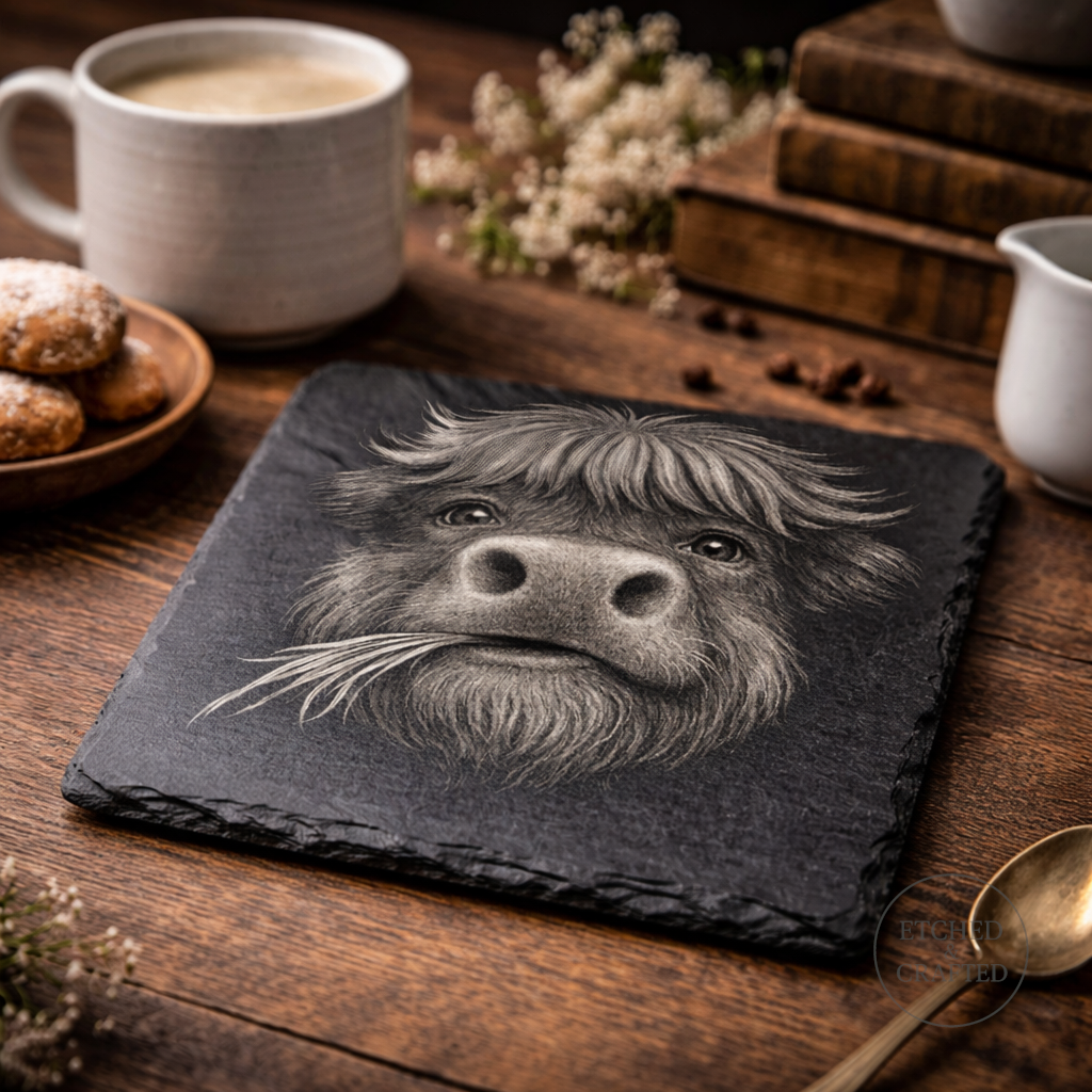 Chewing-Grass Highland Cow Slate Coaster – Cheeky Cow Collection