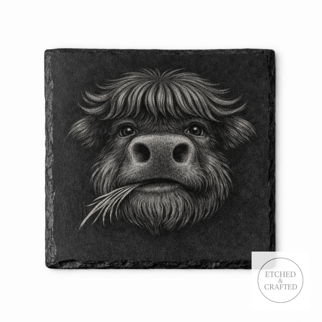 Chewing-Grass Highland Cow Slate Coaster – Cheeky Cow Collection