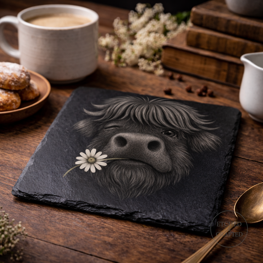 Daisy Highland Cow Slate Coaster – Cheeky Cow Collection