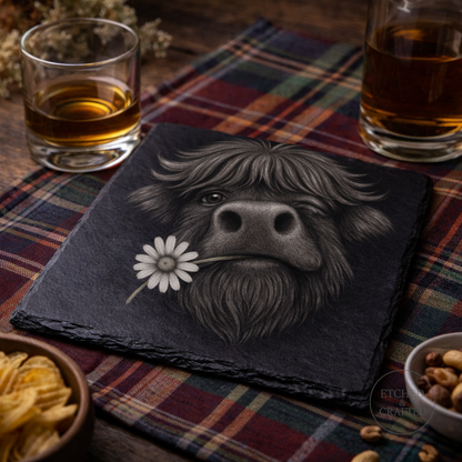 Daisy Highland Cow Slate Coaster – Cheeky Cow Collection