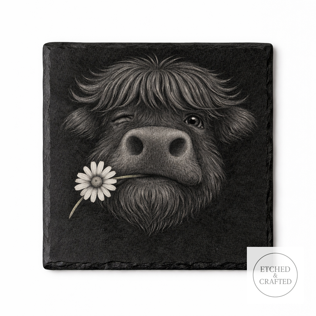 Daisy Highland Cow Slate Coaster – Cheeky Cow Collection