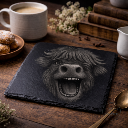 Laughing Highland Cow Slate Coaster – Cheeky Cow Collection