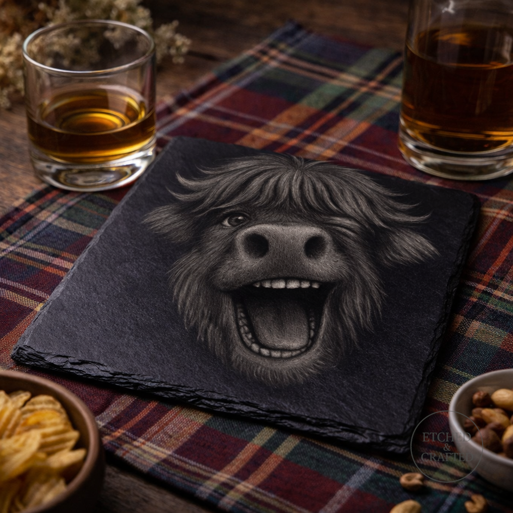 Laughing Highland Cow Slate Coaster – Cheeky Cow Collection