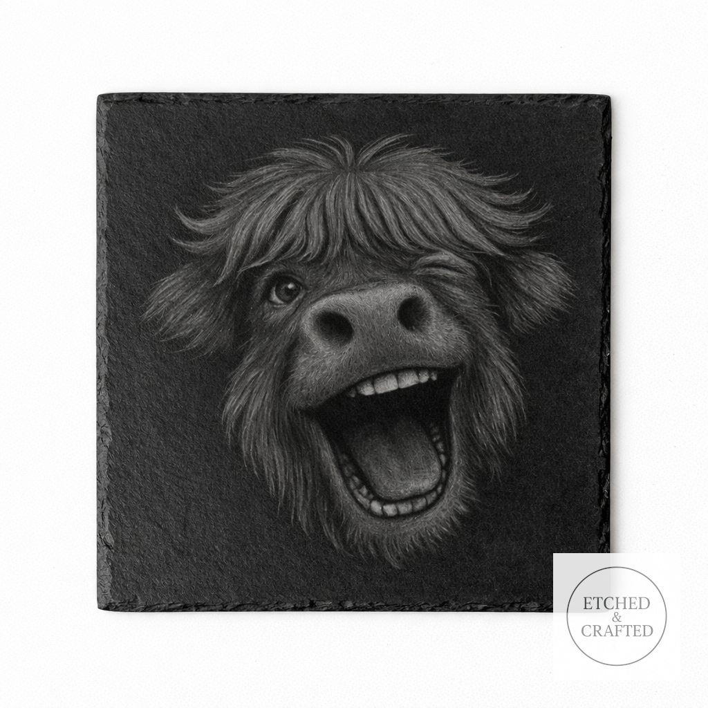 Laughing Highland Cow Slate Coaster – Cheeky Cow Collection
