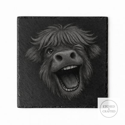 Laughing Highland Cow Slate Coaster – Cheeky Cow Collection