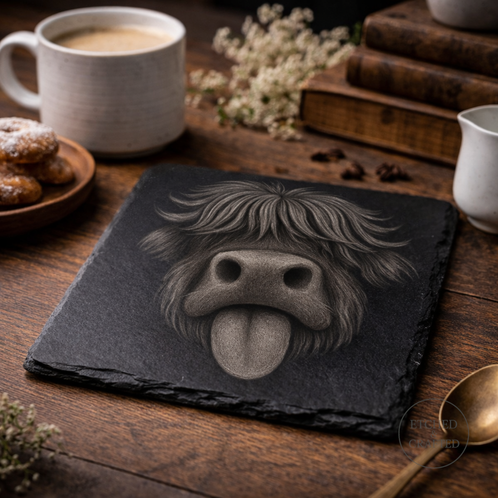 Tongue-Out Highland Cow Slate Coaster – Cheeky Cow Collection