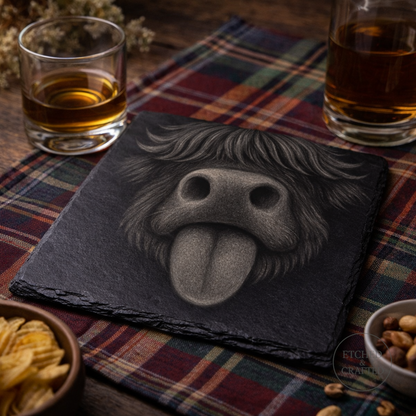Tongue-Out Highland Cow Slate Coaster – Cheeky Cow Collection