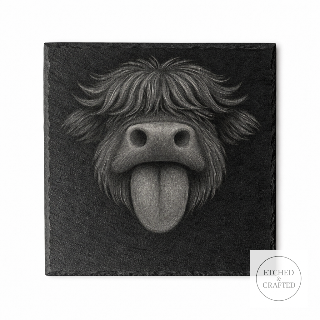 Tongue-Out Highland Cow Slate Coaster – Cheeky Cow Collection