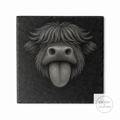 Tongue-Out Highland Cow Slate Coaster – Cheeky Cow Collection