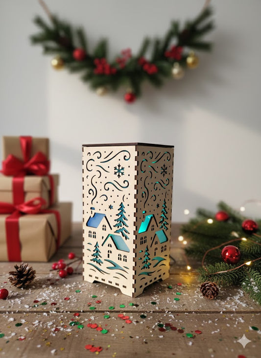 Christmas Village Wooden Lantern – Multi-Colour LED Light | Handcrafted Gift