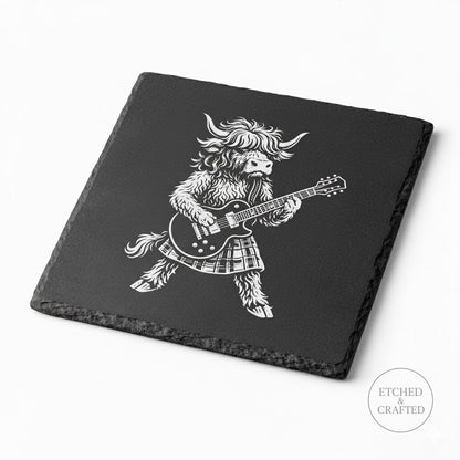 Rock Highland Cow Slate Coaster – Angus the Lead Guitarist