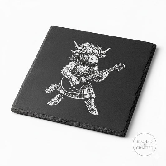 Rock Highland Cow Slate Coaster – Angus the Lead Guitarist