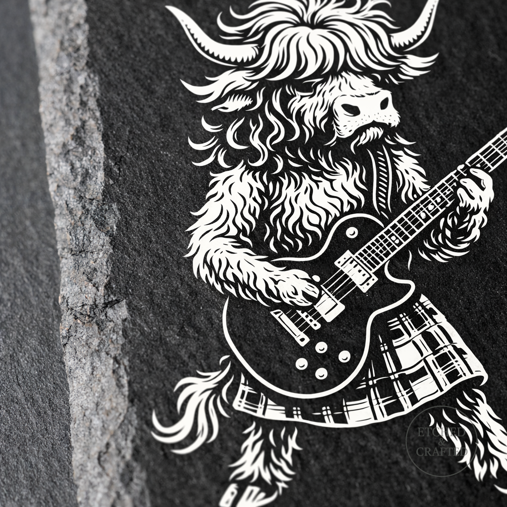 Rock Highland Cow Slate Coaster – Angus the Lead Guitarist
