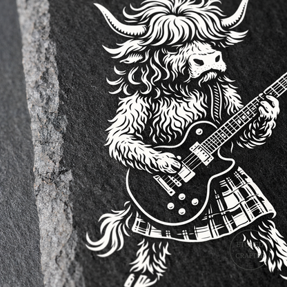 Rock Highland Cow Slate Coaster – Angus the Lead Guitarist