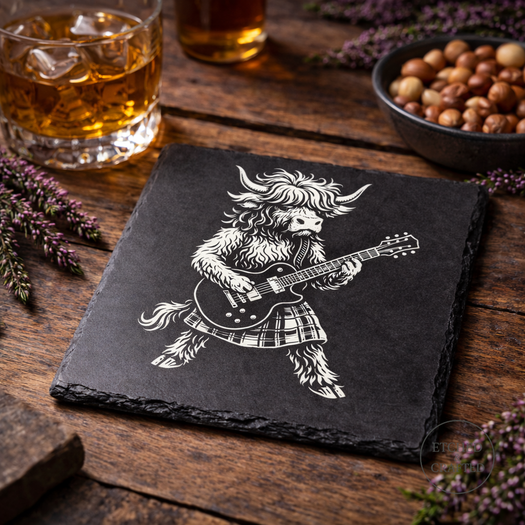Rock Highland Cow Slate Coaster – Angus the Lead Guitarist