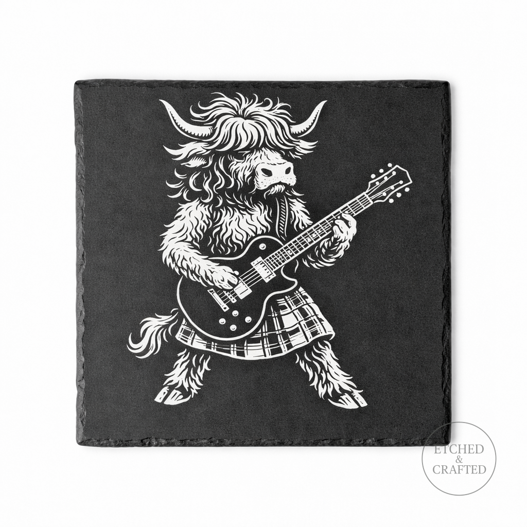 Rock Highland Cow Slate Coaster – Angus the Lead Guitarist