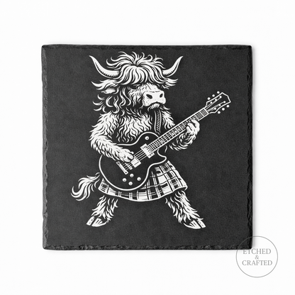 Rock Highland Cow Slate Coaster – Angus the Lead Guitarist