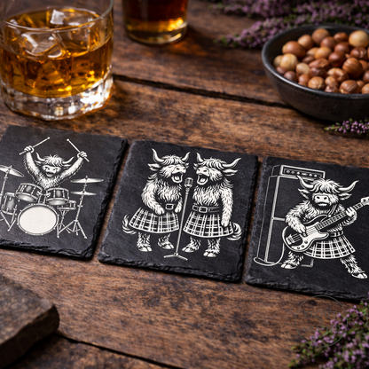 Rock Highland Cow Slate Coaster – Isla & Skye Backing Vocal Duo | Etched & Crafted