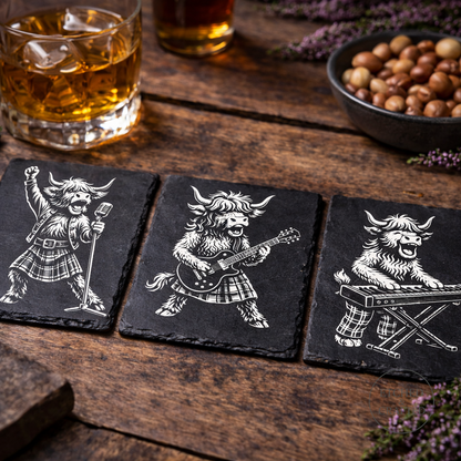 Rock Highland Cow Slate Coaster – Lachlan the Lead Singer