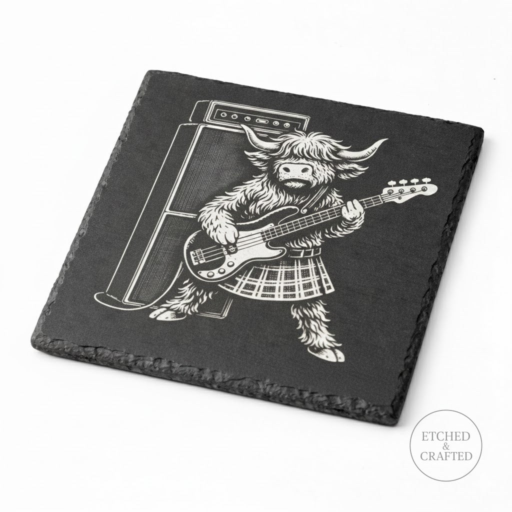Rock Highland Cow Slate Coaster – Callum the Bassist