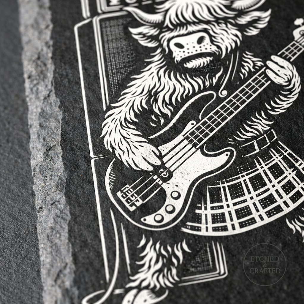 Rock Highland Cow Slate Coaster – Callum the Bassist