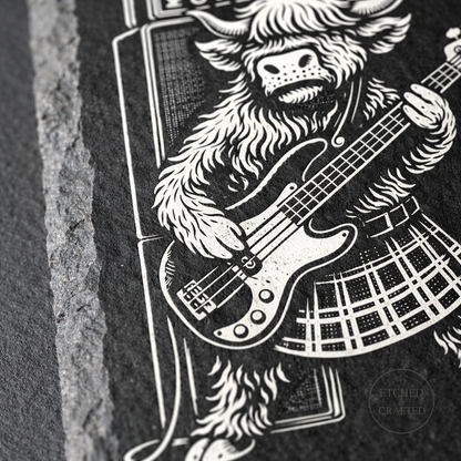 Rock Highland Cow Slate Coaster – Callum the Bassist