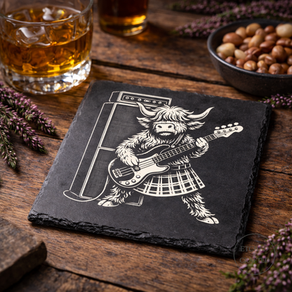 Rock Highland Cow Slate Coaster – Callum the Bassist