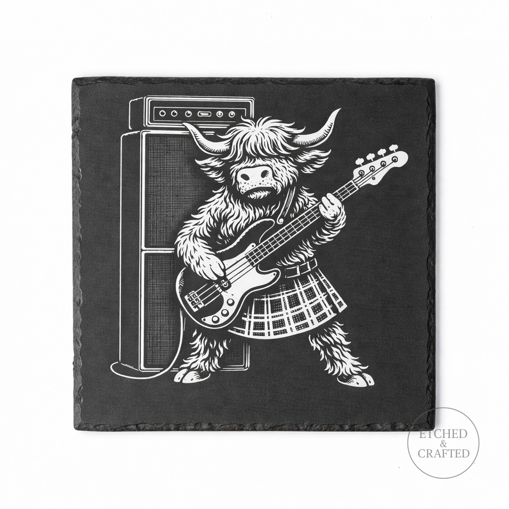 Rock Highland Cow Slate Coaster – Callum the Bassist