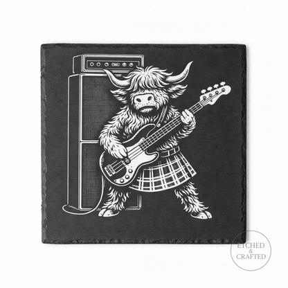 Rock Highland Cow Slate Coaster – Callum the Bassist