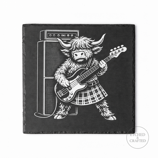 Rock Highland Cow Slate Coaster – Callum the Bassist