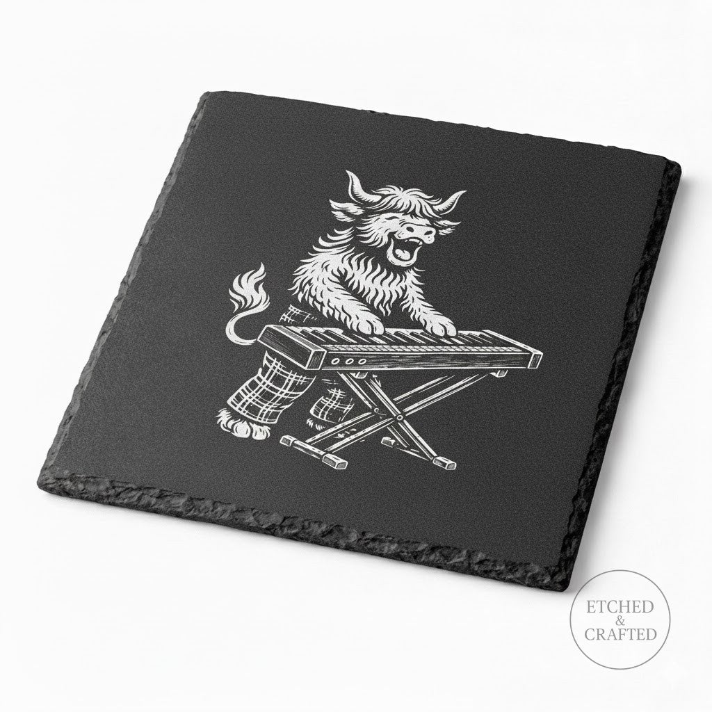 Rock Highland Cow Slate Coaster – Fraser the Keyboard Player