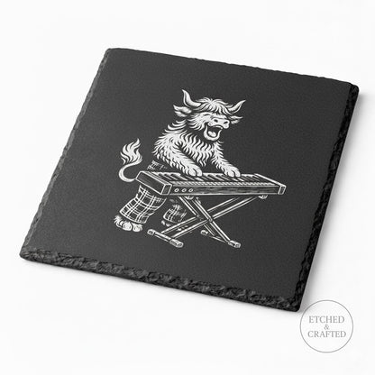 Rock Highland Cow Slate Coaster – Fraser the Keyboard Player