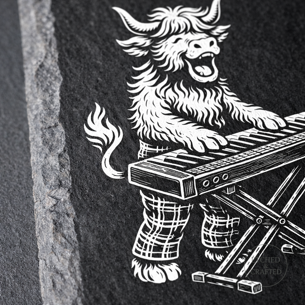 Rock Highland Cow Slate Coaster – Fraser the Keyboard Player