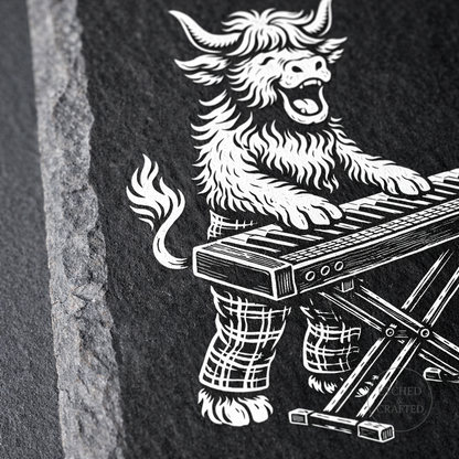 Rock Highland Cow Slate Coaster – Fraser the Keyboard Player