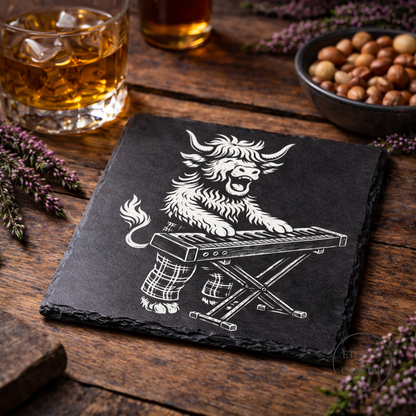 Rock Highland Cow Slate Coaster – Fraser the Keyboard Player
