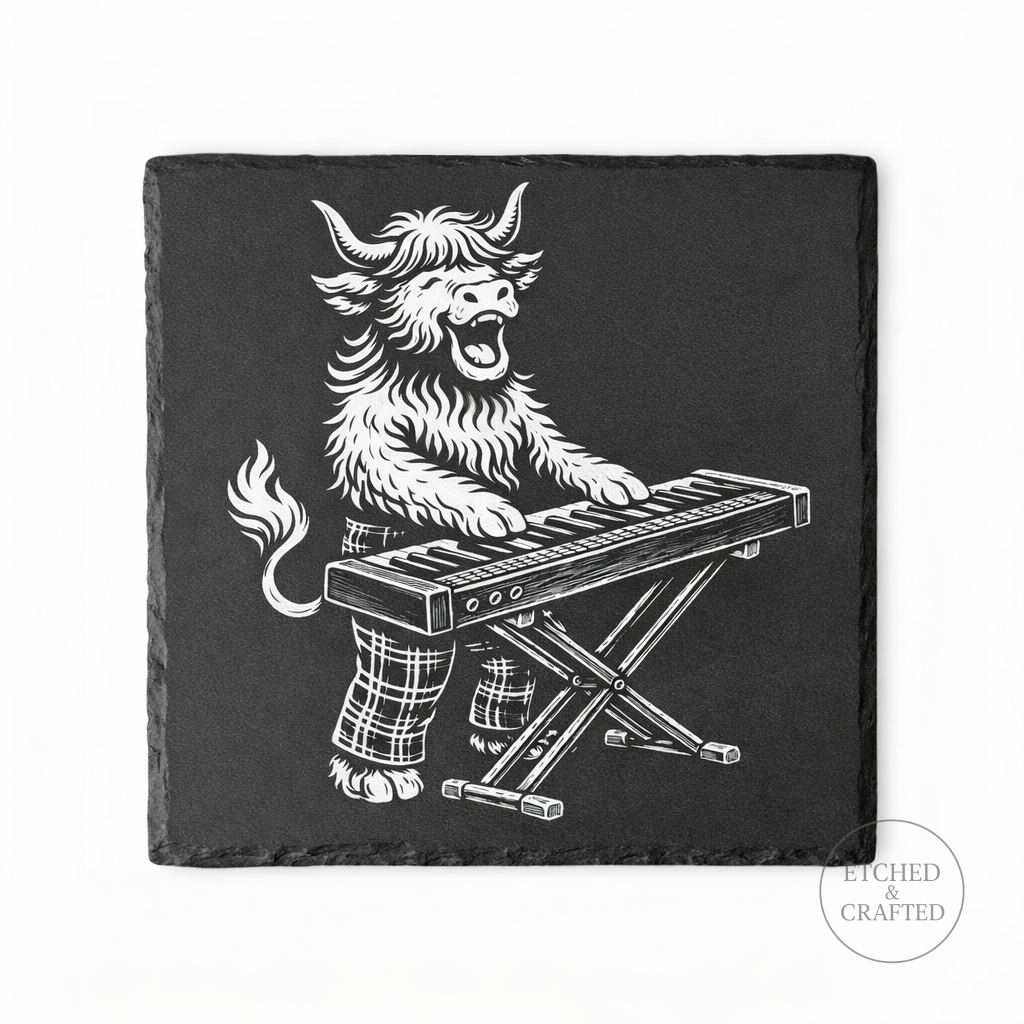 Rock Highland Cow Slate Coaster – Fraser the Keyboard Player