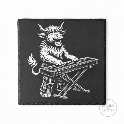 Rock Highland Cow Slate Coaster – Fraser the Keyboard Player