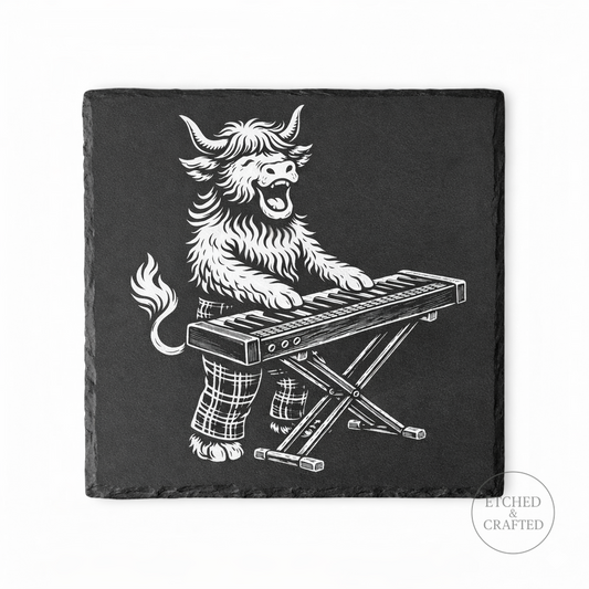 Rock Highland Cow Slate Coaster – Fraser the Keyboard Player