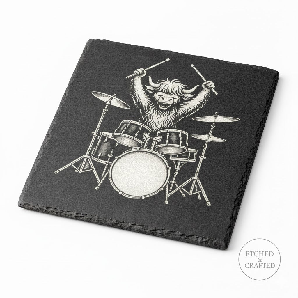 Rock Highland Cow Slate Coaster – Hamish the Drummer
